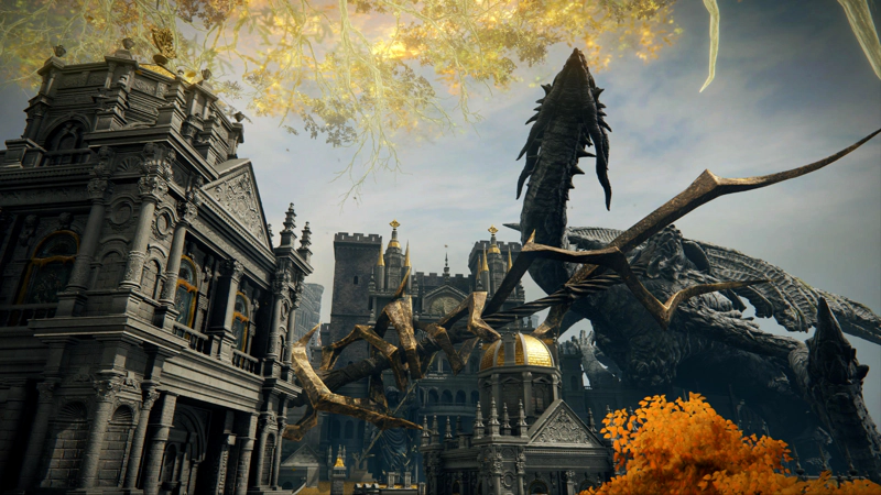 Golden branches glimmer above the rearing head of a giant stone dragon, speared by a stylised lighting spear rising across the Capital rooftops.
