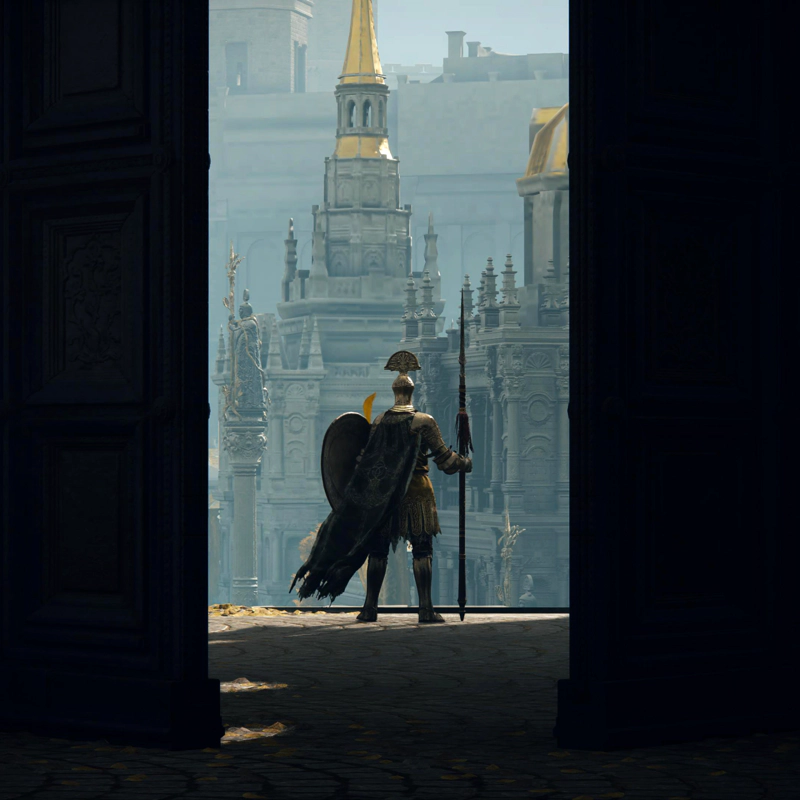 A view between two large iron gates to a golden knight standing guard at the top of a flight of stairs. The knight holds a shield and spear, and their cloak is blowing in the wind.