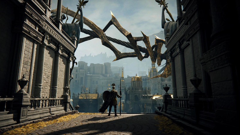A wide pathway at the top of a flight of stairs. A golden knight stands guard, their back to the camera, beneath a stylised gold lightning spear cutting across the sky.
