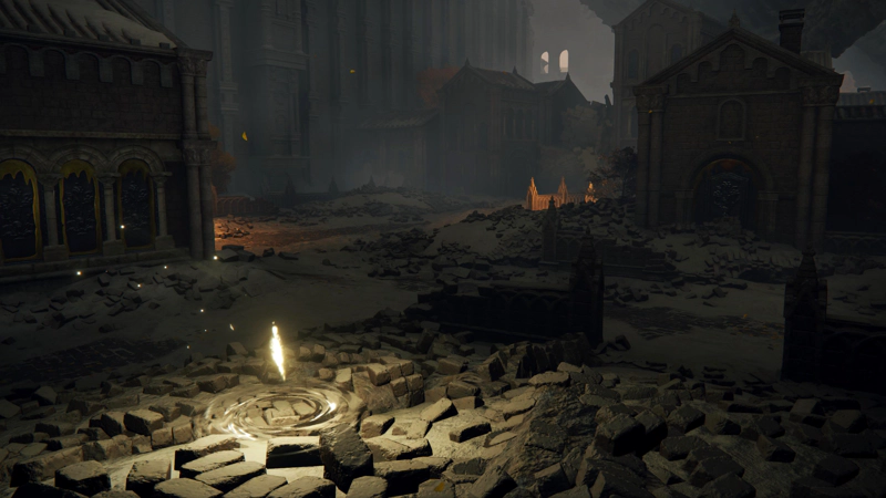 A shard of grace rising above a pile of rubble, in a dimly-lit ruined square in the shadows of the Capital. Flickering firelight draws the eye to a chapel to the left, and a railing to the right.