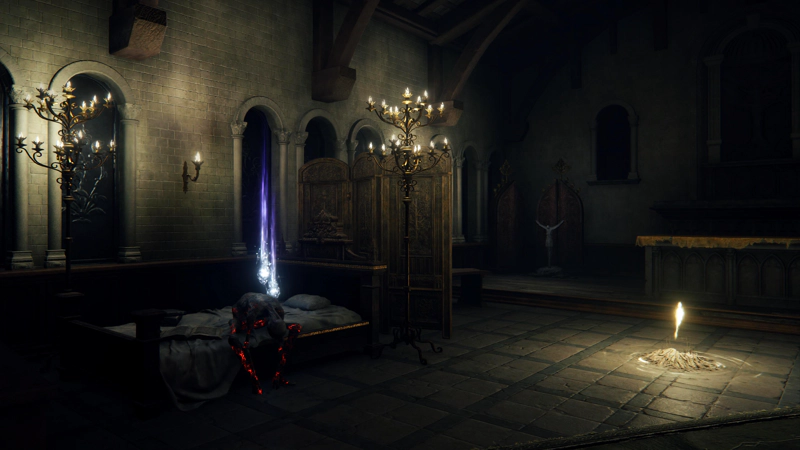 The interior of a small chapel, containing a shard of grace. It's been partially converted to sleeping quarters; there's a corpse sitting on the edge of the bed, their legs glowing like magma. Two blue-purple wisps rise from their back.