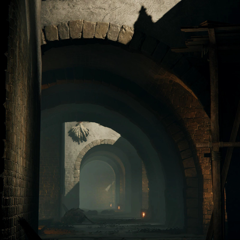 An arched sewer, leading into the distance, with alternating shadow and bright yellow sunlight. A many-fingered hand clings to a fall in the sunlight, a short distance away, and the shadows below are dark with scuttling hand-shapes.