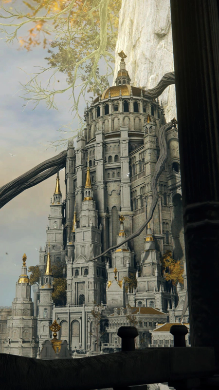 A view over a railing to a tall, golden-domed tower beneath the golden foliage of the Erdtree.