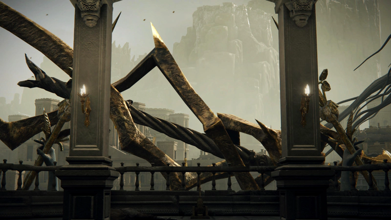A pair of delicately-detailed square columns, with attached torches, framing a close-up of the stylised gold lightning spear that cuts across the Capital skyline. The spear has a core of braided metal, surrounded by a jagged double-helix of gold.