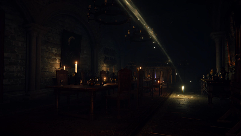 A shining shard of grace on the floor of an abandoned dining room. Candles still burn on the table, but there are no other signs of life.