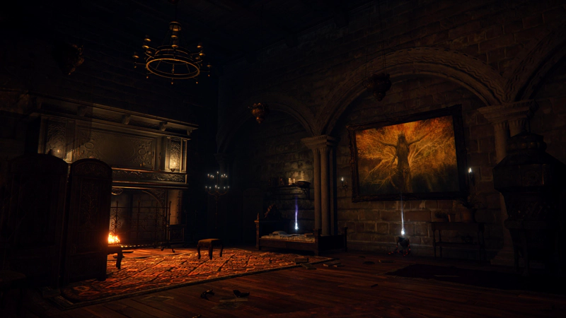 An abandoned bedchamber, with a large painting of Queen Marika, her arms wide in front of the Erdtree.