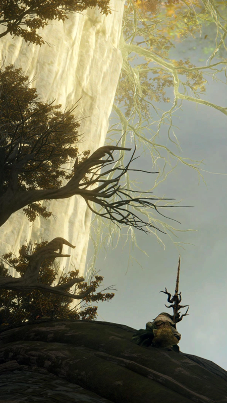 An antlered tree guardian crouches on a large tree root, in front of the golden trunk of the Erdtree.