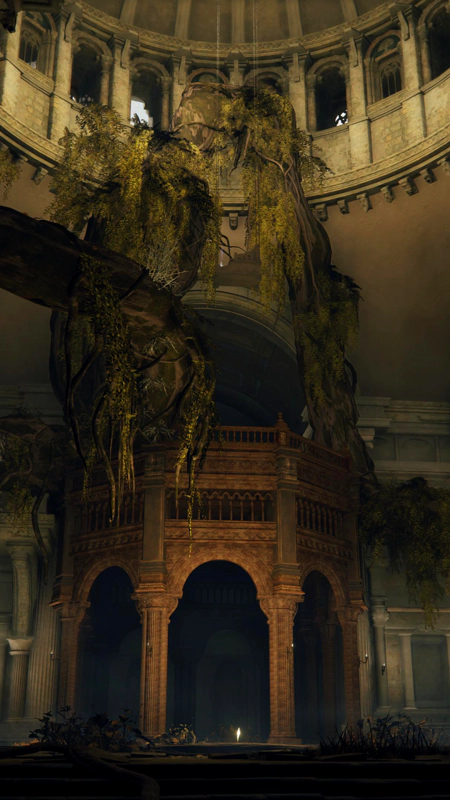 An overgrown wooden structure within a stone cathedral. Dangling foliage trails down from a dome high above, and a tree root has pierced the building.