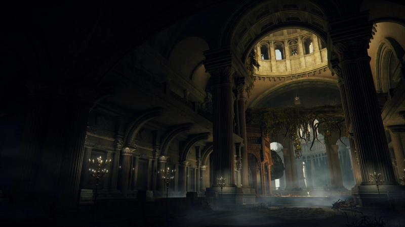 The interior of a cathedral with towering columns, and copious greenery. Sunlight enters through a dome high above.