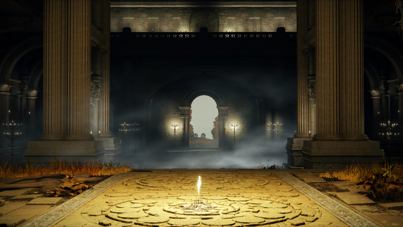 A dais in a cathedral, with a shard of grace at its centre. Four doubled columns rise up to either side, and beyond, a pair of chandeliers outline an archway out into the Capital.