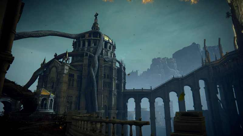 A large golden-domed tower wrapped in tree roots, at twilight. A viaduct atop a series of arches leads to the right, rising up towards the Erdtree.