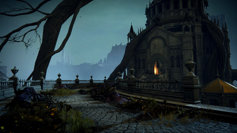 A curving processional path, at night. A trail of bundled corpses leads towards a lit archway at the front of a root-bound audience chamber.