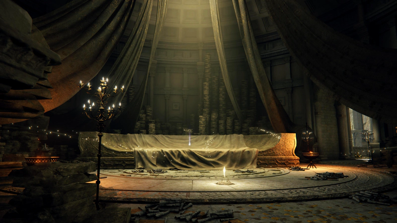 A luxurious audience chamber with a vast stone seat, lined with rumpled cloth. Around the throne are stacked piles of large stone tablets, and on the circular tiles below, a shining grace bathes the room in light.