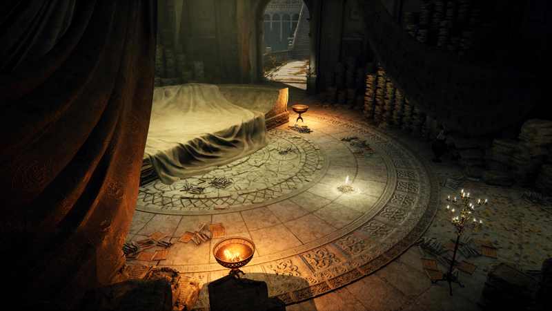 A luxurious audience chamber with a vast stone seat, lined with rumpled cloth. A grace stands before the throne, and a sunlit archway leads on towards a set of stairs.