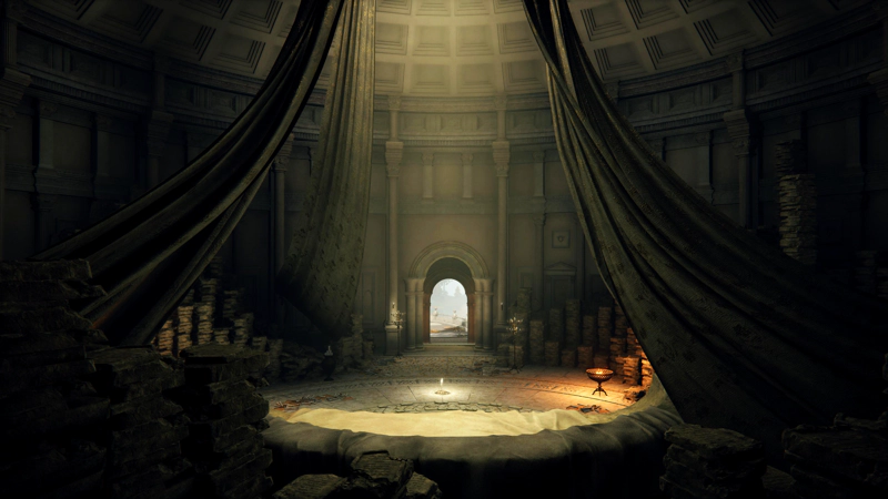 A view of the audience chamber from behind the throne, framed by sweeps of drapery from above. A grace sits in the centre of the room, and beyond, an archway leading back towards the sunlit Capital.