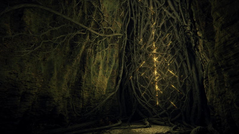 A gold-seamed doorway, to the heart of the Erdtree. A dense network of thorns has grown across the doorway, blocking access.