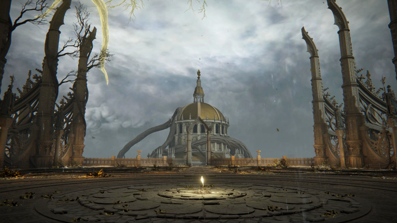The ceremonial plaza at the foot of the Erdtree, looking back towards the Capital. A shard of grace gleams at the centre of an ornately decorated circle of paving. Beyond the archway, the gold dome of the audience chamber can be seen.
