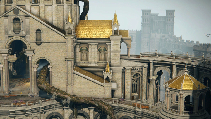 A view of the cathedral, pierced by tree roots. Its roof tiles are gold, and a pair of curving pathway lead off to the right.