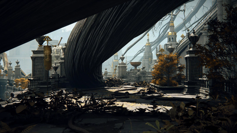 A courtyard in the Capital, partly shaded by vast tree roots overhead. Plants are growing everywhere.