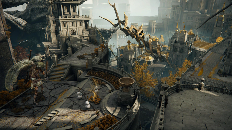 A view down into the Capital from up high. A large stone gargoyle stands guard over a trio of white-robed envoys in a semi-circular courtyard. Beyond that, the rooftops of the Capital stretch into the distance, beneath the golden lightning spear.