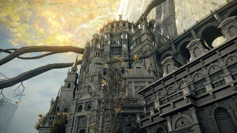 A view from below, up the many layers of Capital architecture, to the large domed audience chamber at the top, beneath the golden trunk of the Erdtree.
