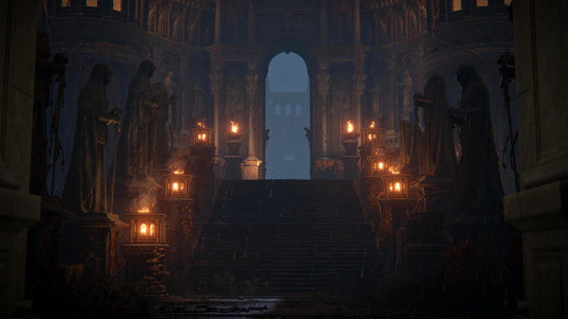 A hidden processional stairway leading towards the mountains. Robed statues guard the way, lit by burning braziers.