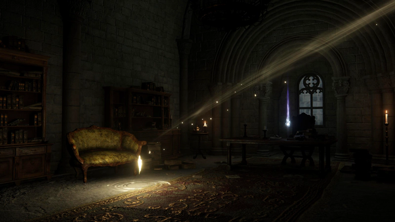 A cosy but dilapidated study, lit by a shard of grace and a purple wisp. The room is dominated by bookshelves, along with an aging armchair and an abandoned desk.