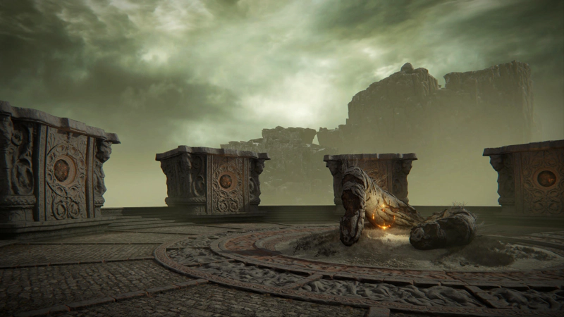 A large pair of decaying fingers at the top of a grand tower, wrapped around a red-gold great rune.