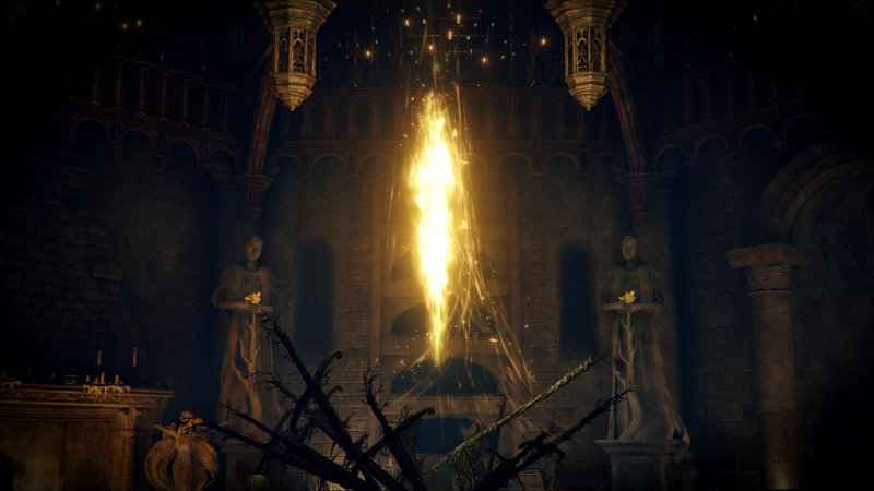 A shining shard of golden grace, hovering above a jagged selection of decayed weaponry, the steel encrusted with vines and plant-matter. The room is dimly-lit but ornate, and a pair of priestly statues hold flowers in the background.