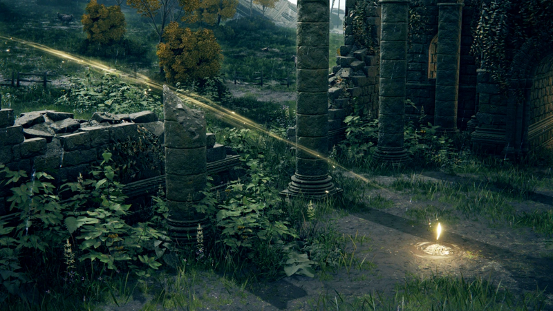 A ruined church amidst encroaching plant life. An arc of golden light streaks across the broken columns, pointing to a small pile of ashes and a golden shard of grace.