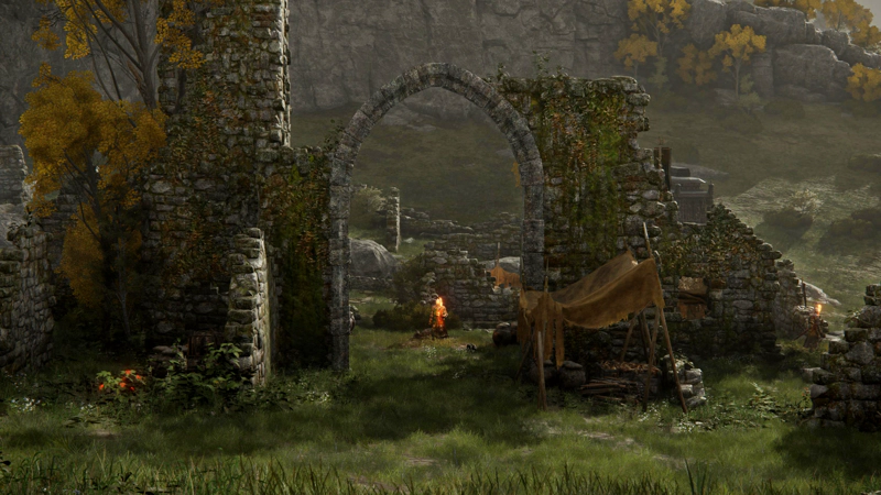 A large archway through broken-down ruins. A soldier in red/green livery stands guard beyond the arch, carrying a lit torch despite the daylight.