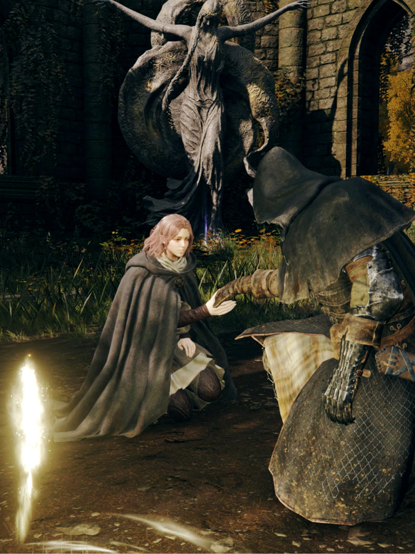 Melina, a one-eyed maiden, takes the gloved hand of a figure in dark confessor's armour, beside a glowing grace. Beyond, a large statue of Queen Marika stands, cruciform against a church wall.