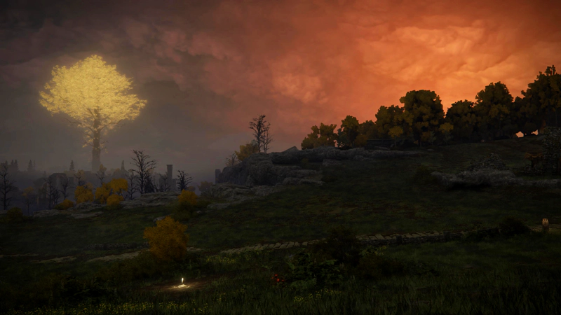 A landscape of Limgrave at dusk. The clouds are amber fading to night, and to the left a minor Erdtree glows against the dark. A paved road leads horizontally across the scene, and the light of a grace in the foreground illuminates nearby red and yellow wildflowers.