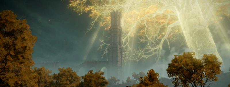 A view across autumn treetops to a tall stone tower and a shattered viaduct. The stonework seems to almost reach the lower branches of the vast golden Erdtree which looms over it.