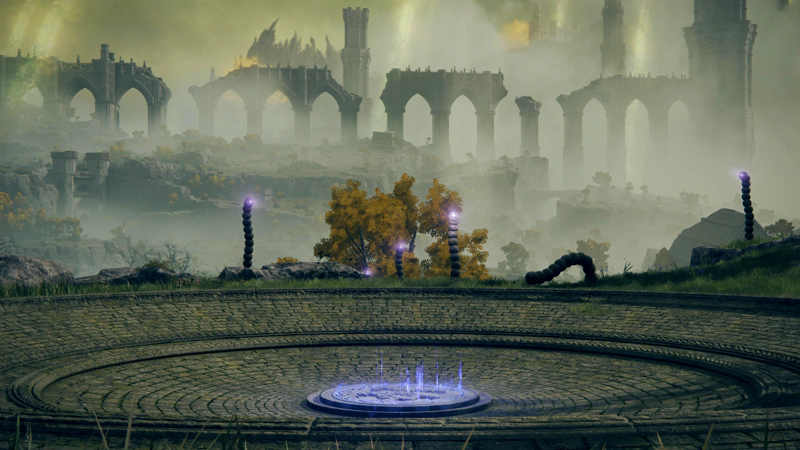 A series of concentric paved circles, watched over by worm-like guardians with glowing purple sense organs. Purple light rises from the central dais, and in the background a series of archways in a broken viaduct can be seen.