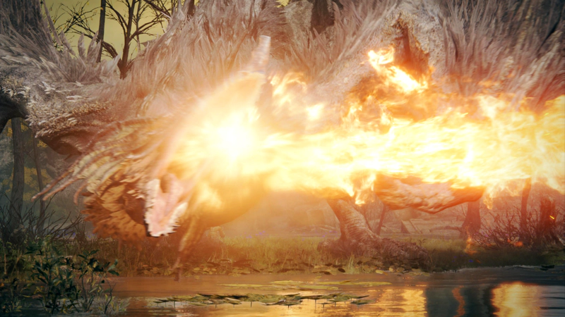 A grey dragon breathes fire across the scene. The dragon itself is blurred from motion and heat, and its flame is reflected in the swamp water at its feet.