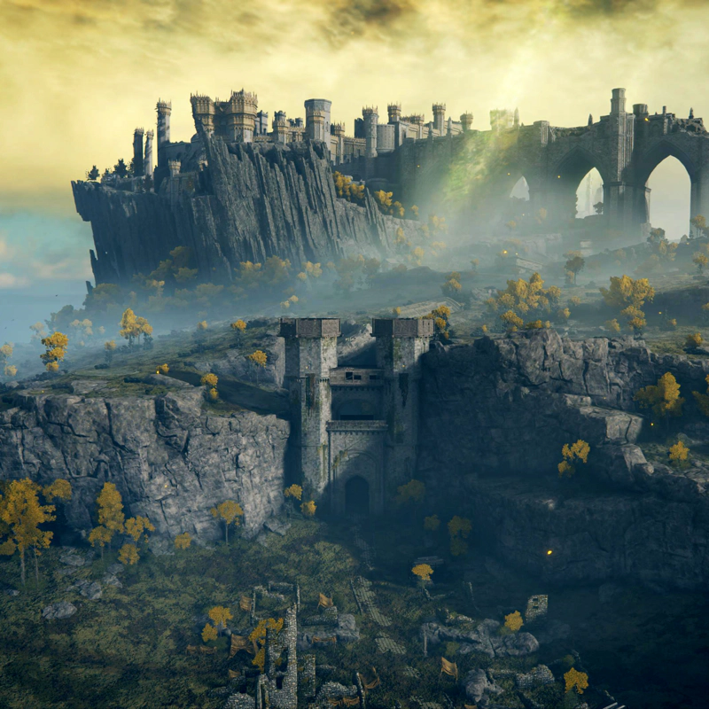 A crows-eye view of a broken road, leading through a heavily fortified pass onto a plateau, and then curving towards a large castle on jagged clifftops.