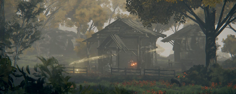 A distant view of a wooden shack, surrounded by little red flowers. An arc of golden light leads to a grace within a low fence, and a fire burns within the ruins of the building.