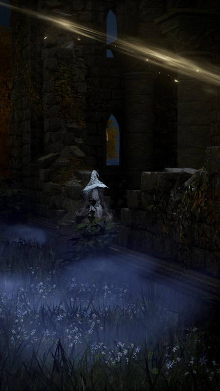 Ranni the witch, a figure in pale blue clothes and a large floppy wizard's hat, sitting on the rubble of a broken down church at night. In the foreground, small white flowers emerge from low-lying mist, and above, an arc of gold frames the shot.
