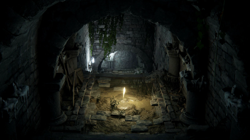 A grace at the entrance to stone-clad catacombs, surrounded by bones and discarded boards. Stairs lead down to a corridor below, lit by bright-white torches.