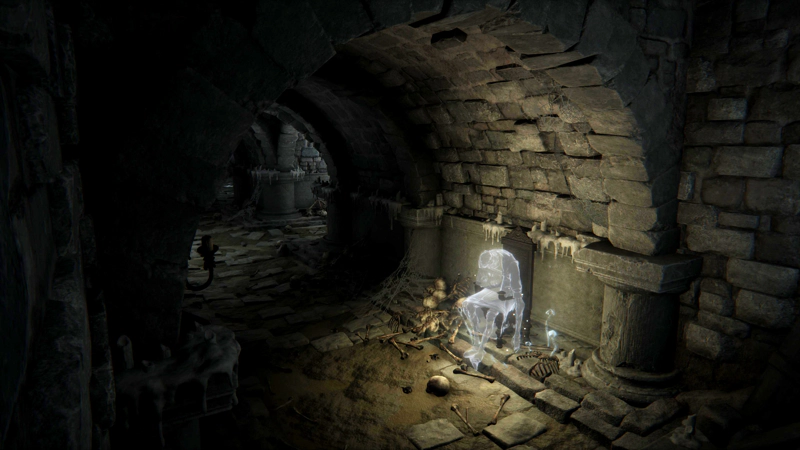 A dark, arched catacomb. The spirit of a man slumps in a tall-backed chair against the stone wall, his form transparent and glowing white. His hands are manacled, and his head is bowed in despair.