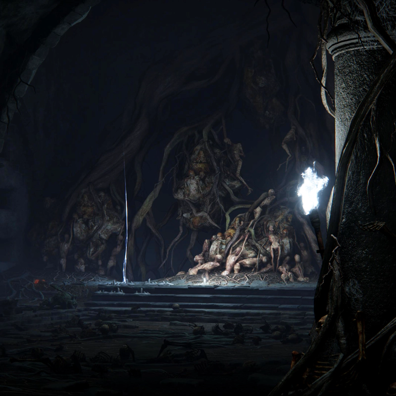 A tomb scattered with bones and lit by a bright white burning torch. Deeper in, tree-roots are intertwined with a mass of dead bodies.