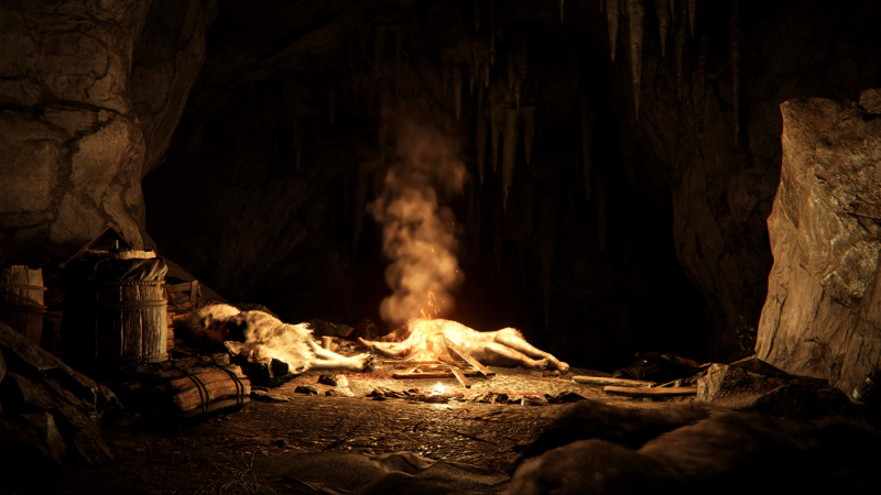 A dark cave, lit by a crude bonfire. Bodies of large wolves are scattered around, amidst barrels and bundled wood, and stalactites hang from above.