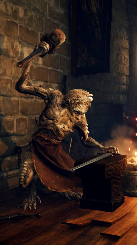 A portrait of a blacksmith, Hewg, at work. His feet are clawed, his arms and chest emaciated, but he raises his hammer high to strike the sword upon his anvil.