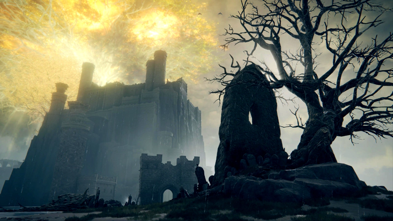 A multi-layered landscape, with a large tree and an accompanying rock in the foreground, a reinforced stone gateway beyond that, and a vast stone castle on a cliff in the distance. A golden tree looms over everything, farther still.