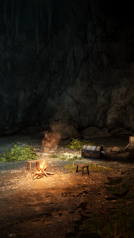 A crude campsite in a cave. A fire has been made from broken planks, next to a pair of wooden stools. A grey chest gleams with potential, and the grey cave wall towers overhead.
