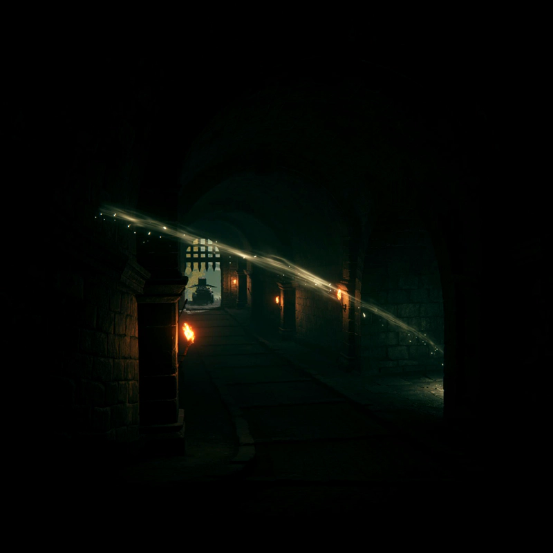 A dark castle hallway, lit by torches. A golden arc leaps from a hidden alcove, leading the way onwards, and in the distance, a siege engine is silhouetted against daylight.
