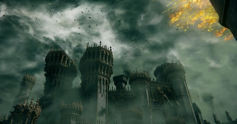 A dense flock of birds circles in clouded skies above the jagged towers and ramparts of Stormveil Castle.