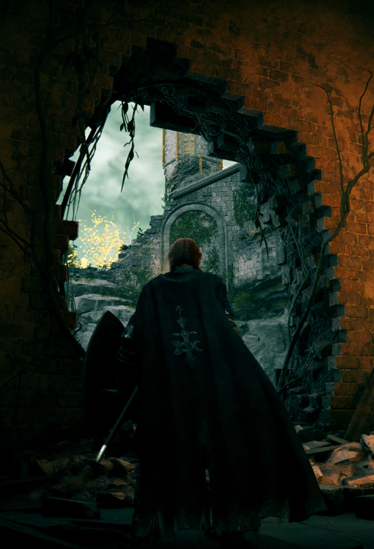 A woman in confessor's robes - her hood drawn back - strides out through a ragged hole in a thick castle wall. Inside, orange light paints the rubble. Beyond, it's daylight, grey stone and greenery, with a hint of golden foliage.