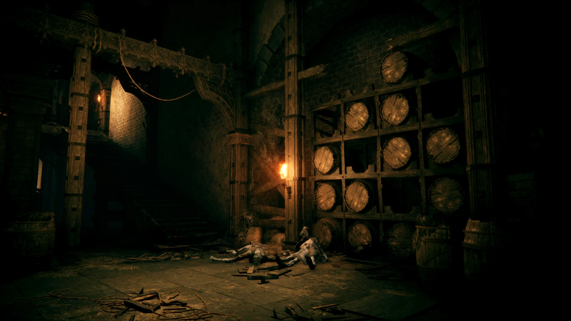 A timber framed cellar, stocked with aging barrels. A flaming torch highlights the bodies of two pale-skinned servants, dead on the floor.